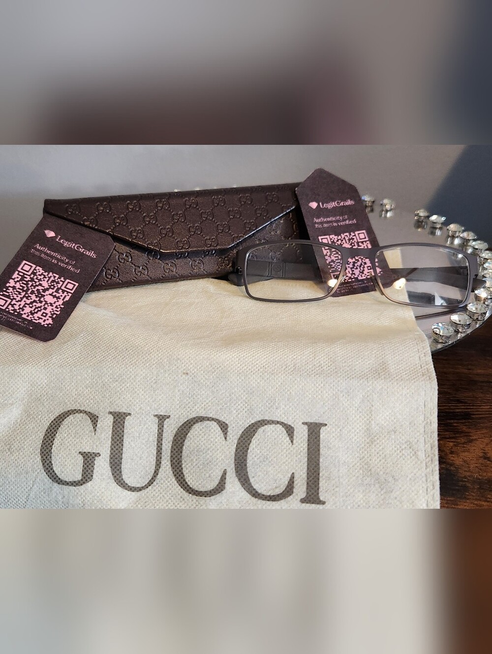 Gucci Brown Monogram Eyeglass Case with Dark Brown Frames. EUC With COA